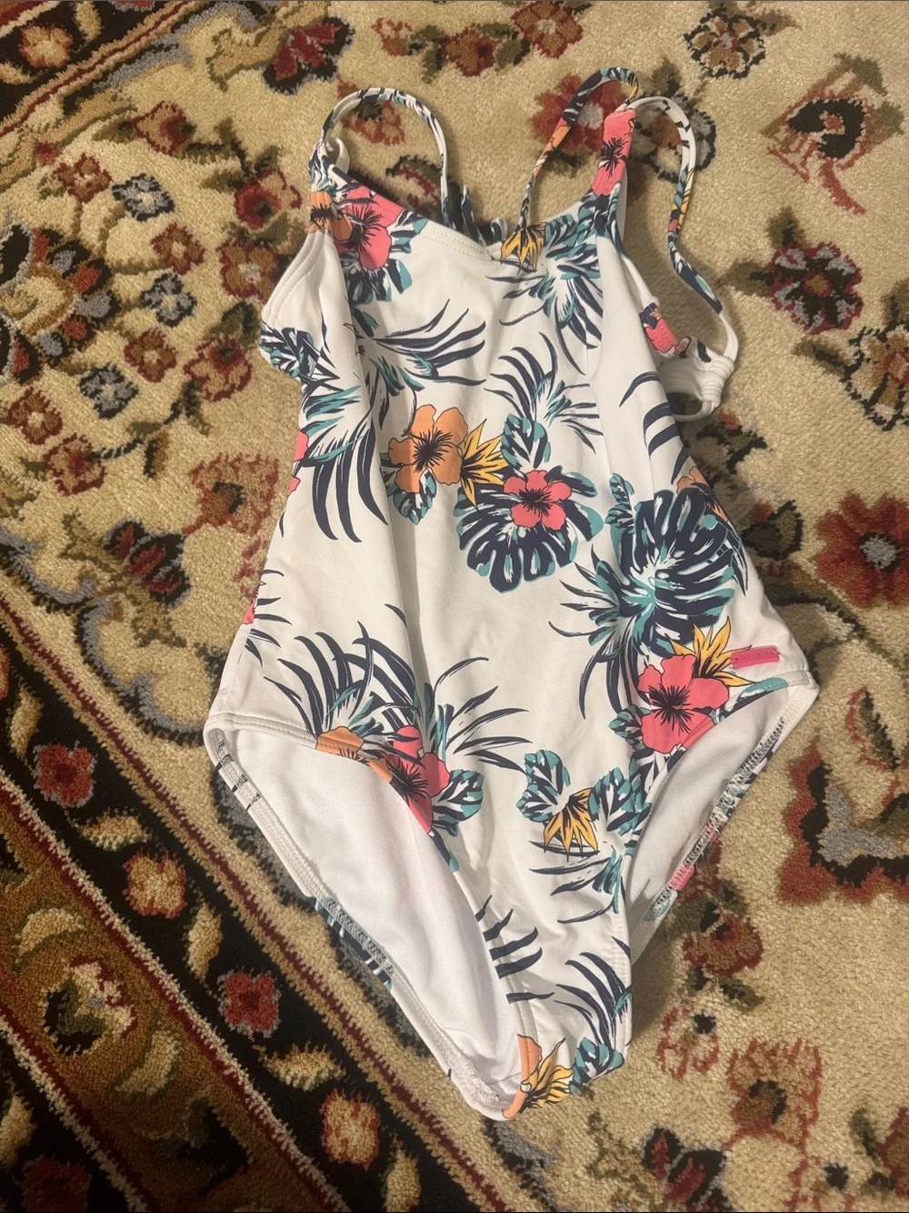 Roxy Girls White One-Piece Swimsuit with Pink Coral and Teal Floral Print